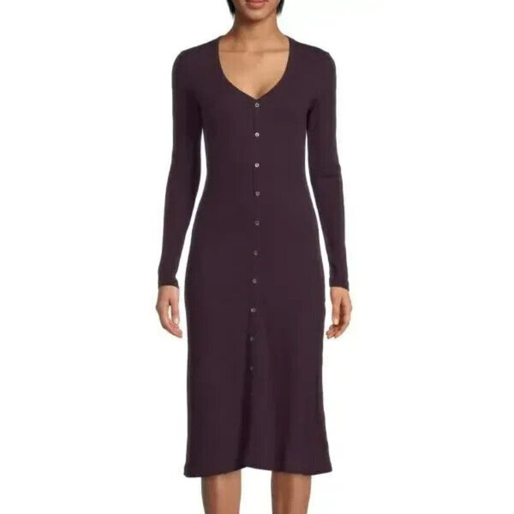 James Perse Ribbed Cardigan Midi Dress Size XL Eggplant Button Front Stretch NWT